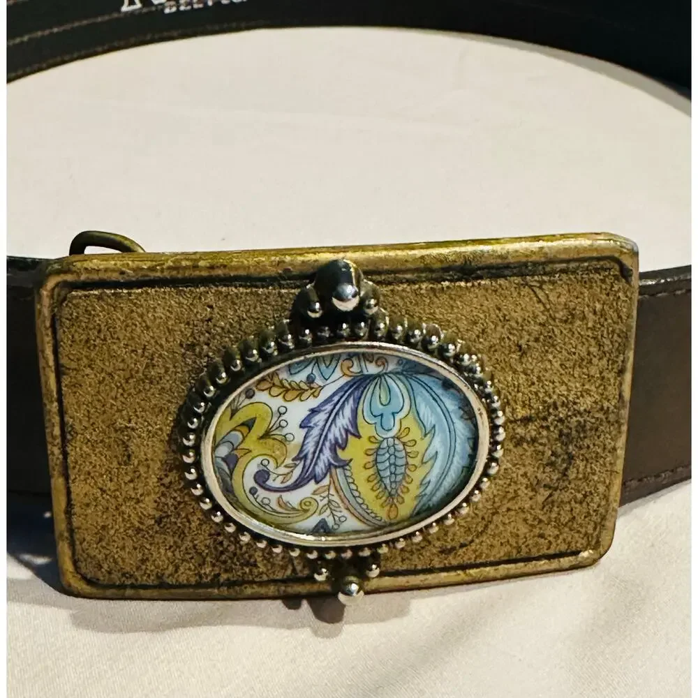 Nocona Belt Men 36 Brown Leather Western Cowboy Rodeo Silver/Gold Accent Aztec